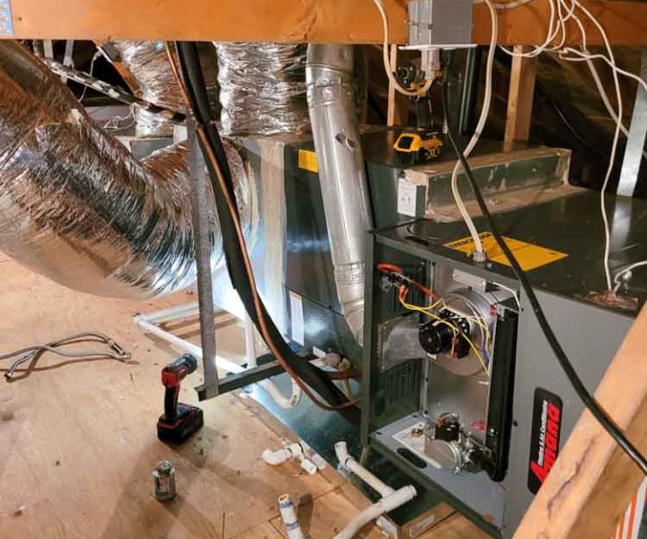 HVAC installed on an attic showing all the ductwork connected